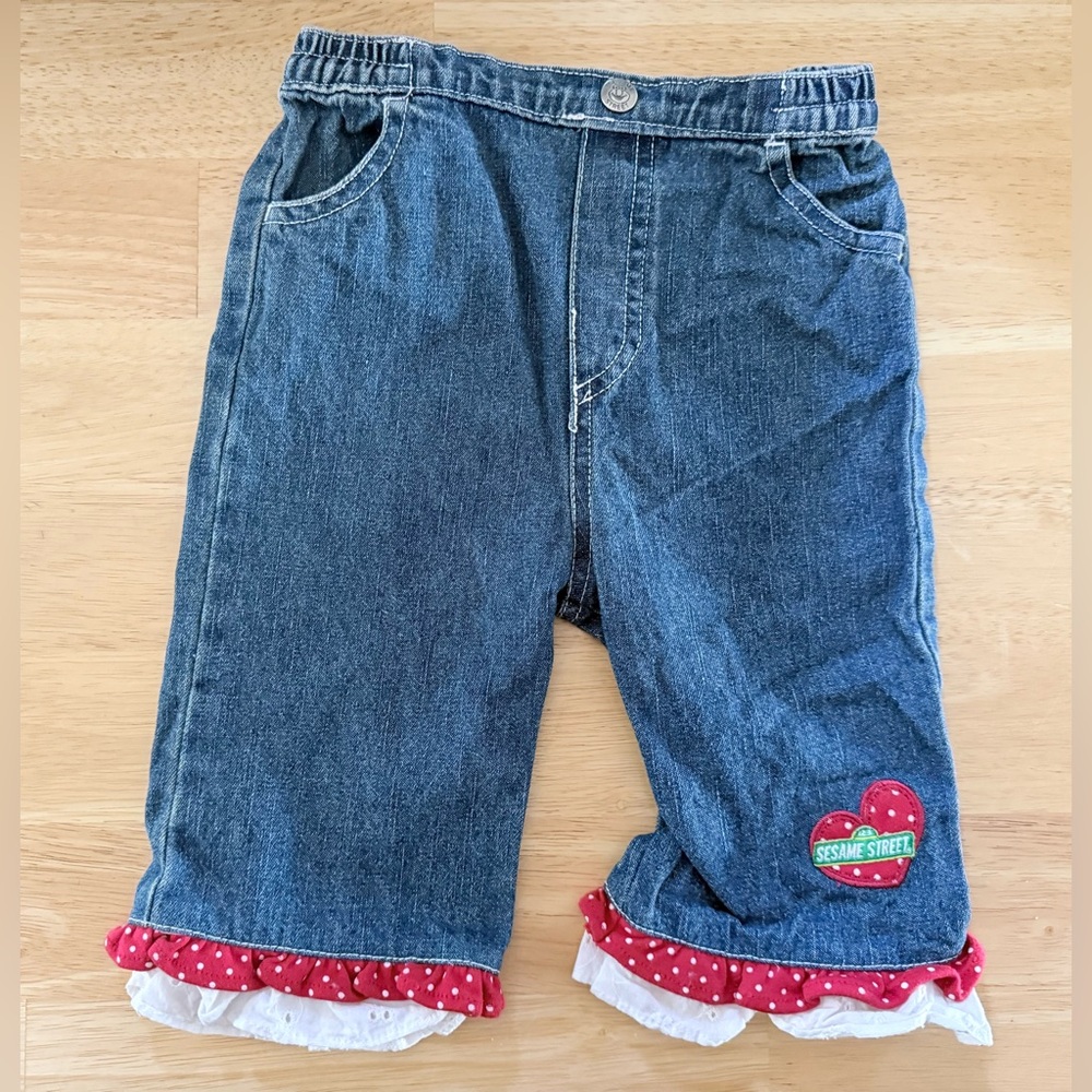 Y2K Sesame Street Elmo Denim Blue Jeans Ruffle Polka Dot Heart Embroidery 24m